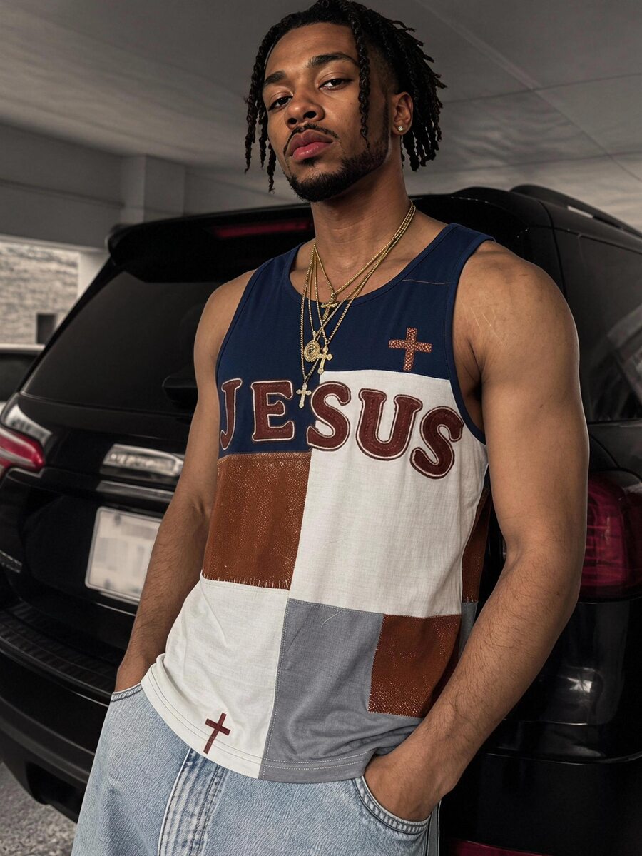 GETOML Men's Summer Casual Patchwork Print Tank Top