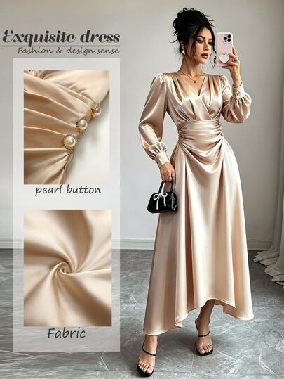 Elenzga Autumn/Winter Long Sleeve Cross V-Neck Ruched Satin Fabric High-Waist Pearl Button A-Line French Elegant Sophisticated Commute Versatile Sleeveless Women's Dress
