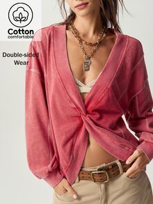 Bohemela Women's Long Sleeve Knot Design Loose Casual Sweatshirt - Red - View 3
