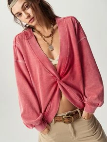 Bohemela Women's Long Sleeve Knot Design Loose Casual Sweatshirt - Red - View 4