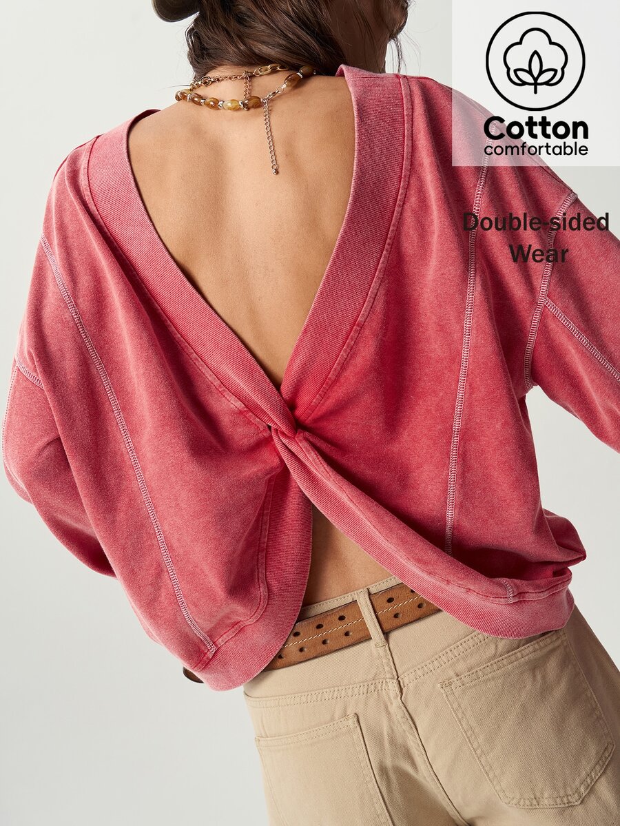 Bohemela Women's Long Sleeve Knot Design Loose Casual Sweatshirt - Red - View 1