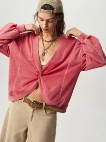 Bohemela Women's Long Sleeve Knot Design Loose Casual Sweatshirt - Red - View 5