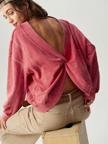 Bohemela Women's Long Sleeve Knot Design Loose Casual Sweatshirt - Red - View 8