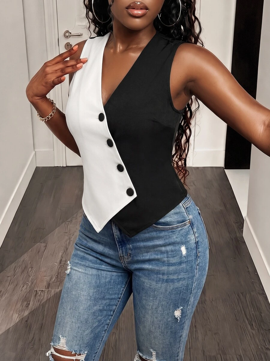 BamGleam Two Tone Button Front Vest Blazer