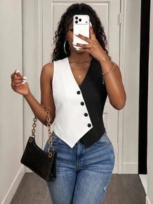 BamGleam Two Tone Button Front Vest Blazer - Black and White - View 4
