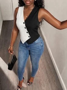 BamGleam Two Tone Button Front Vest Blazer - Black and White - View 6