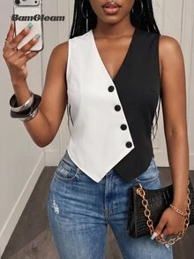 BamGleam Two Tone Button Front Vest Blazer - Black and White - View 3
