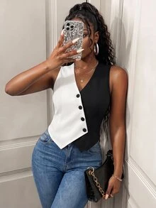 BamGleam Two Tone Button Front Vest Blazer - Black and White - View 7