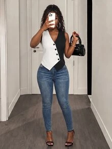 BamGleam Two Tone Button Front Vest Blazer - Black and White - View 5