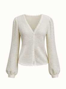Tideelle Cardigan Wanita Berenda Ruffle Warna Putih Gading, Kain Bertekstur Musim Gugur Terbaru, Serbaguna untuk Pemakaian Sehari-hari dan Kencan Malam, Pesta, Liburan, Romantis, Elegan - Putih - View 4