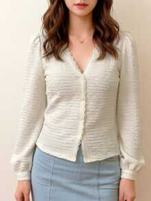 Tideelle Cardigan Wanita Berenda Ruffle Warna Putih Gading, Kain Bertekstur Musim Gugur Terbaru, Serbaguna untuk Pemakaian Sehari-hari dan Kencan Malam, Pesta, Liburan, Romantis, Elegan - Putih - View 3