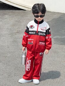 兒童小男孩寬鬆休閒運動夾克與長褲兩件套，舒適極簡運動服裝套裝，適合秋冬 - 彩色 - 查看 3