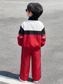 兒童小男孩寬鬆休閒運動夾克與長褲兩件套，舒適極簡運動服裝套裝，適合秋冬 - 彩色 - 查看 2