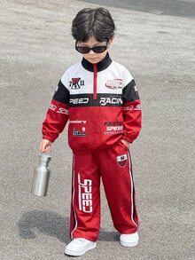 兒童小男孩寬鬆休閒運動夾克與長褲兩件套，舒適極簡運動服裝套裝，適合秋冬 - 彩色 - 查看 1