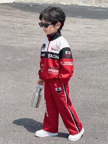 兒童小男孩寬鬆休閒運動夾克與長褲兩件套，舒適極簡運動服裝套裝，適合秋冬 - 彩色 - 查看 5