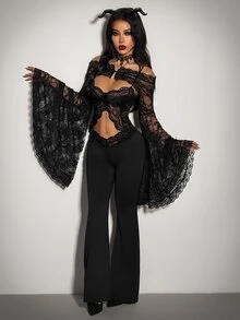 SHEIN ICON Women's Sexy Sheer Lace Flare Sleeve Top - Black - View 3