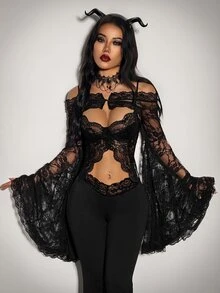 SHEIN ICON Women's Sexy Sheer Lace Flare Sleeve Top - Black - View 4