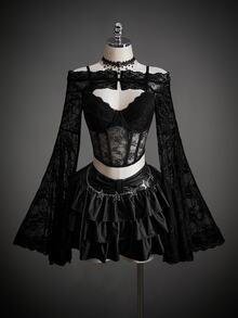 SHEIN ICON Women's Sexy Sheer Lace Flare Sleeve Top - Black - View 7