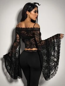 SHEIN ICON Women's Sexy Sheer Lace Flare Sleeve Top - Black - View 2