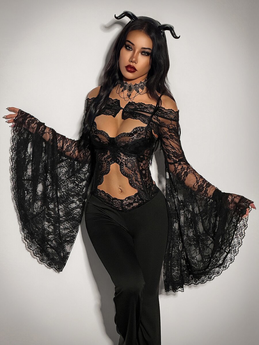 SHEIN ICON Women's Sexy Sheer Lace Flare Sleeve Top - Black - View 1