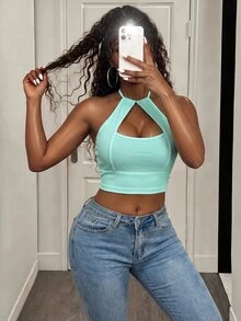 BamGleam Women Sleeveless Solid Color Spaghetti Strap Backless Hollow Ribbed Cropped Tank Top - Baby Blue - View 5