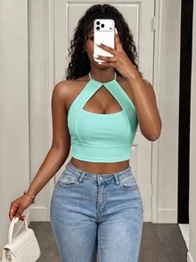 BamGleam Women Sleeveless Solid Color Spaghetti Strap Backless Hollow Ribbed Cropped Tank Top - Baby Blue - View 4