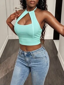 BamGleam Women Sleeveless Solid Color Spaghetti Strap Backless Hollow Ribbed Cropped Tank Top - Baby Blue - View 6