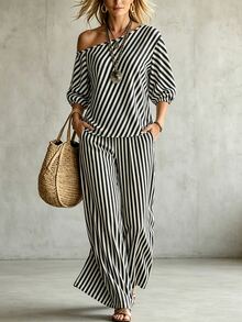 Glimmora New Women's Casual Loose Slant Shoulder Puff Sleeve Striped Top And Wide Leg Pants 2 Pieces Set - Black and White - View 5