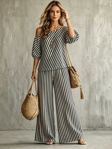 Glimmora New Women's Casual Loose Slant Shoulder Puff Sleeve Striped Top And Wide Leg Pants 2 Pieces Set - Black and White - View 1