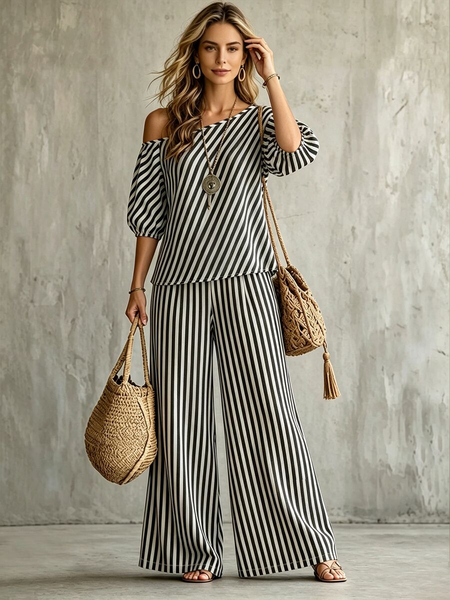 Glimmora New Women's Casual Loose Slant Shoulder Puff Sleeve Striped Top And Wide Leg Pants 2 Pieces Set - Black and White - View 1