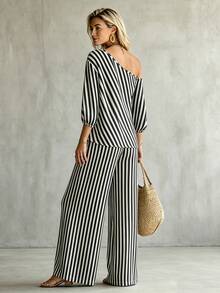 Glimmora New Women's Casual Loose Slant Shoulder Puff Sleeve Striped Top And Wide Leg Pants 2 Pieces Set - Black and White - View 2