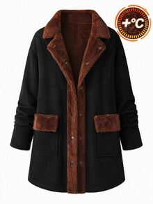 SHEIN Clasi Lapel Decor Pocket Thermal Lined Jacket, Autumn/Winter Coat, Minimalist Elegant - Black - View 2