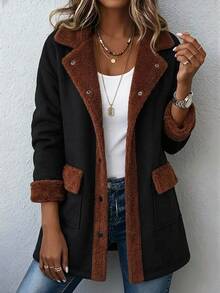 SHEIN Clasi Lapel Decor Pocket Thermal Lined Jacket, Autumn/Winter Coat, Minimalist Elegant - Black - View 1