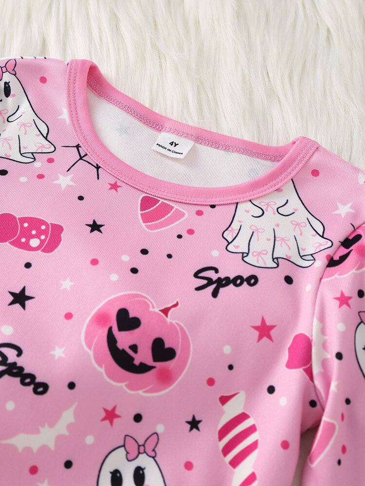 Girls Ghost Pumpkin Print Long Sleeve Jumpsuit, Warm Fall Winter Two-Piece Halloween Casual Outfit Set Snug Fit - Multicolor - View 4