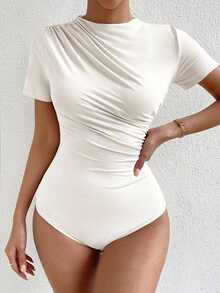 BamGleam Solid Ruched Slim Fit Bodysuit - White - View 7