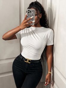BamGleam Solid Ruched Slim Fit Bodysuit - White - View 6