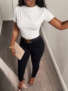 BamGleam Solid Ruched Slim Fit Bodysuit - White - View 3