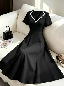 GlowEve CURVE Plus Size Women's Colorblock Pleated Casual Party Short Dress - Black - View 1