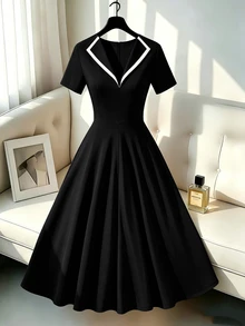 GlowEve CURVE Plus Size Women's Colorblock Pleated Casual Party Short Dress - Black - View 5
