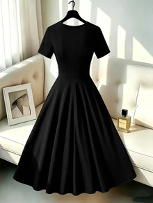 GlowEve CURVE Plus Size Women's Colorblock Pleated Casual Party Short Dress - Black - View 2