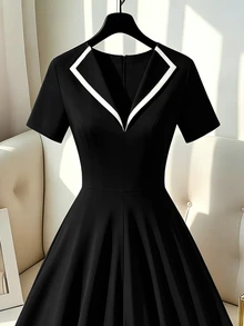 GlowEve CURVE Plus Size Women's Colorblock Pleated Casual Party Short Dress - Black - View 4