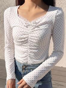 DAZY 青少年女孩波點印花對比蕾絲長袖T恤 秋季 - 白色 - 查看 5
