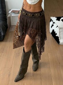 Coolane 女士春夏街头风复古波西米亚海滩装扮 Y2K蕾丝舒适弹力白色迷你不对称荷叶边半裙 - 棕色 - 查看 3