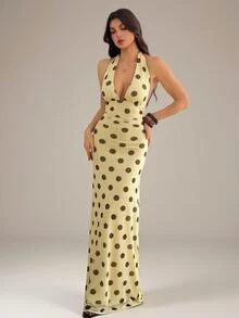 SHEIN Tall Gaun Maxi Halter Tanpa Punggung dengan Motif Polkadot - Kuning muda - View 5