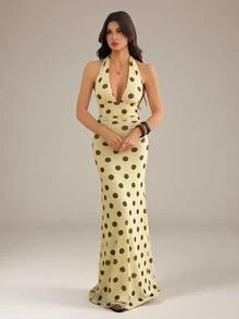 SHEIN Tall Gaun Maxi Halter Tanpa Punggung dengan Motif Polkadot - Kuning muda - View 2