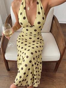 SHEIN Tall Gaun Maxi Halter Tanpa Punggung dengan Motif Polkadot - Kuning muda - View 1