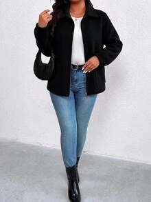 EMERY ROSE Plus Size Women's Best-Selling Elegant Solid Color Wool Blend Lapel Stand Collar Long Sleeve Jacket, Slimming Minimalist Design With Multi-Functional Pockets, Suitable For Daily Wear, Commuting, Dating And Gatherings - Black - View 5