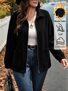 EMERY ROSE Plus Size Women's Best-Selling Elegant Solid Color Wool Blend Lapel Stand Collar Long Sleeve Jacket, Slimming Minimalist Design With Multi-Functional Pockets, Suitable For Daily Wear, Commuting, Dating And Gatherings - Black - View 1