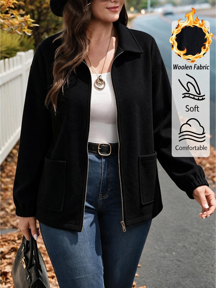 EMERY ROSE Plus Size Women's Best-Selling Elegant Solid Color Wool Blend Lapel Stand Collar Long Sleeve Jacket, Slimming Minimalist Design With Multi-Functional Pockets, Suitable For Daily Wear, Commuting, Dating And Gatherings - Black - View 1