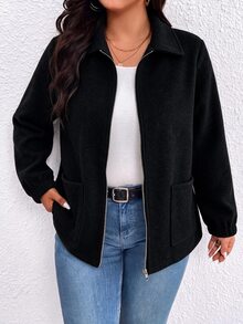 EMERY ROSE Plus Size Women's Best-Selling Elegant Solid Color Wool Blend Lapel Stand Collar Long Sleeve Jacket, Slimming Minimalist Design With Multi-Functional Pockets, Suitable For Daily Wear, Commuting, Dating And Gatherings - Black - View 3